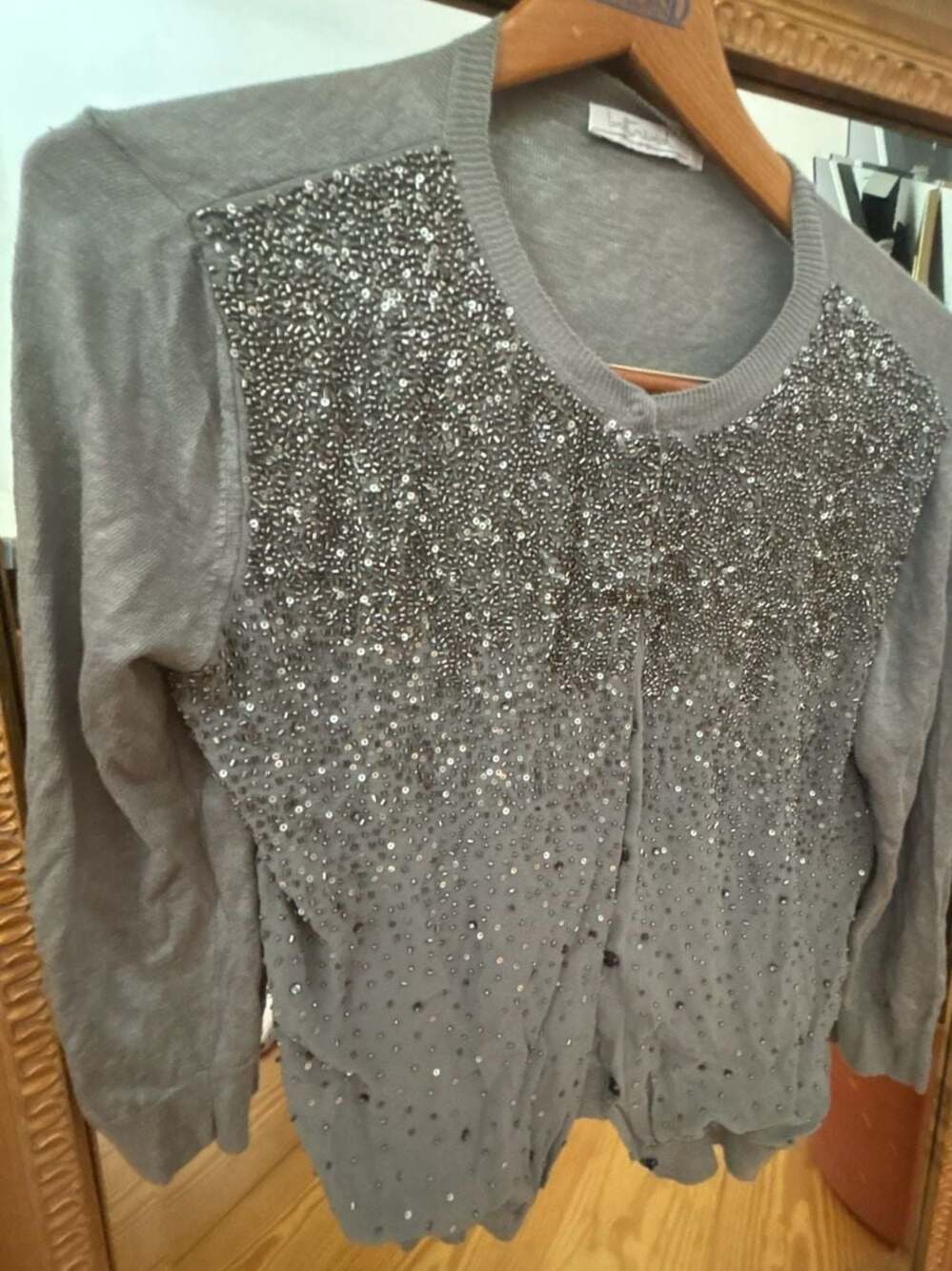 Intrend Grey Silk Linen Blend Embellished Sequin Cardigan Sweater